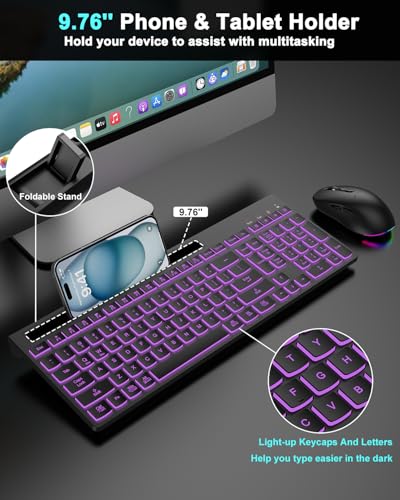 Wireless Keyboard and Mouse Combo, 7 Backlit Effects, Light Up Letters, Rechargeable, Phone Holder, 6 Button Mouse, Ergonomic Tilt Angle, 2.4GHz Silent USB Keyboard Mouse for Laptop, PC - color: Matte Black