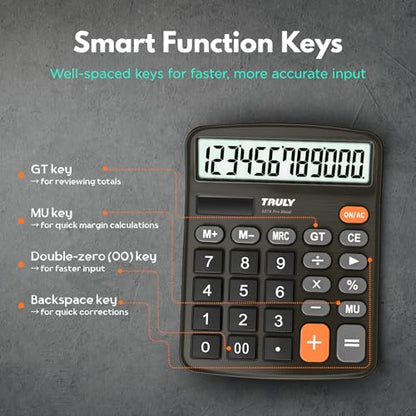 TRULY 12-Digit Desktop Calculator with Large Display, Big Buttons, Dual Power (Solar + Battery), Metal Finish, Ideal for Office, Home, School – 837A Pro Black - color: Black
