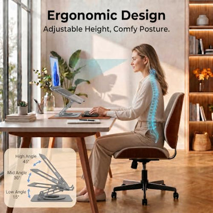 Aluminum Laptop Stand for Desk, Heavy Duty Computer Stand with 360° Rotating Base, Ergonomic Adjustable Height Notebook Riser, Compatible with MacBook Pro/Air, Dell, HP, 10-17” Laptops - Silver - color: Silver