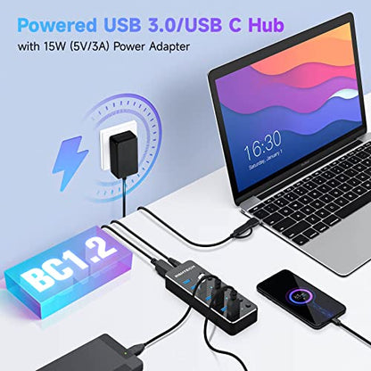 RSHTECH Powered USB Hub, USB-C/A to 7 Ports USB 3.0 Data Hub, RSH-ST07 | Aluminum USB Splitter with 2-in-1 USB A/C Cable,5V/3A Power Adapter and Individual Switches, USB Port Expander for Laptop PC - size: 7-PortUSB 3.0/USB C Hub