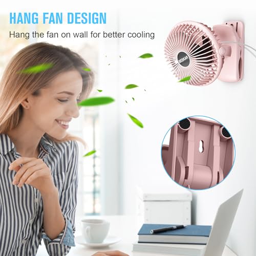 BESKAR Small Clip on Fan, 3 Speeds USB Fans with Strong Airflow, Clip & Desk Fans USB Plug in with Sturdy Clamp - Ultra Quiet operation Fan for Office Dorm Bedroom Stroller - color: Full Pink