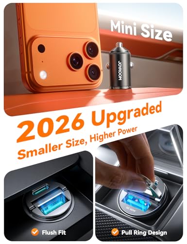 JOYROOM 2-Pack USB C Car Charger [Flush & Pull Ring] 65W PD + 60W QC Dual-Port Car Cigarette Lighter Charger, Fast Car Charger for iPhone 17/16/15 Series, Galaxy S26/25/24, MacBook Air, iPad and More
