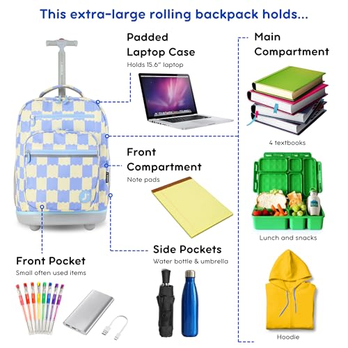 J World Sundance Laptop Rolling Backpack for Girls Boys. Roller Bookbag with Wheels, 20 Inch, Wiggle Blue - color: Wiggle Blue