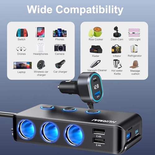 9-in-1 Cigarette Lighter Splitter 264W 3 Socket USB C Car Adapter | 264W PD30W & QC3.0 USB-C fast charge. 3 sockets. 12V/24V. Independent switches, LED voltmeter & waterproof for trucks/cars.