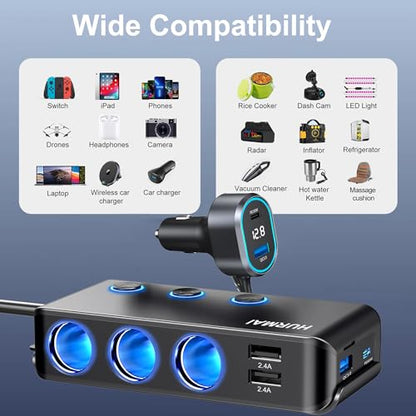 9-in-1 Cigarette Lighter Splitter 264W 3 Socket USB C Car Adapter | 264W PD30W & QC3.0 USB-C fast charge. 3 sockets. 12V/24V. Independent switches, LED voltmeter & waterproof for trucks/cars.