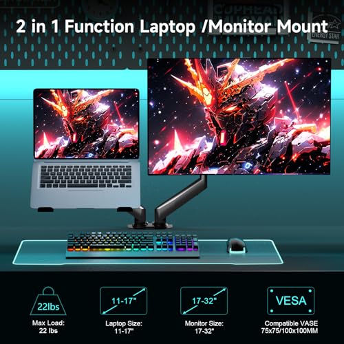 Pholiten Monitor and Laptop Mount for Max 32" Screen and 17" Notebook | Dual Monitor Mount Holds up to 22lbs Each, Laptop Tray Stand with Gas Spring Arm, VESA 75x75/100x100mm