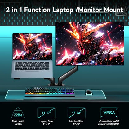 Pholiten Monitor and Laptop Mount for Max 32" Screen and 17" Notebook | Dual Monitor Mount Holds up to 22lbs Each, Laptop Tray Stand with Gas Spring Arm, VESA 75x75/100x100mm
