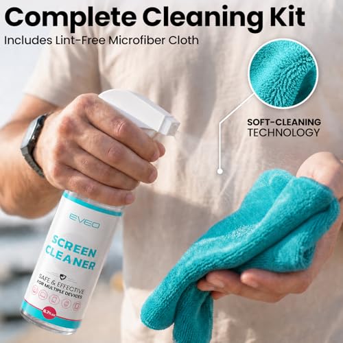 EVEO® TV Screen Cleaner Spray (Streak-Free) TV Screen Cleaner for Smart TV, LCD, LED, OLED | Computer Screen Cleaner Spray and Wipe Microfiber Cloth for TV, Monitor, Laptop, iPad, Car, Tesla & More
