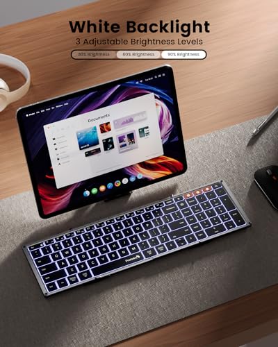 ProtoArc Backlit Foldable Keyboard, XK01 Plus Folding Portable Bluetooth Keyboard for Travel, True Full Size External Wireless Keyboards with Backlight for iPad Tablet Smartphone Laptop - Gray | 0.65 in Keycaps, Number Pad, 3-device Bluetooth 5.1 Switchin