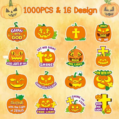 Haooryx Halloween Religious Sticker Rolls - 1000Pcs Religious Theme Pumpkin Bible Verse Stickers Self Adhesive Waterproof Vinyl Water Bottle Page Activity Pad Fall Halloween Party Favor Greeting Card - style: Religious Halloween Pumpkin 2Roll