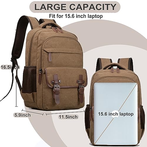 CROCOD Canvas Laptop Backpack, Vintage Daypack for Men Women,Travel Work Rucksack College Bookbag Computer Bag Fits 15.6 Inch Laptop (Coffee)
