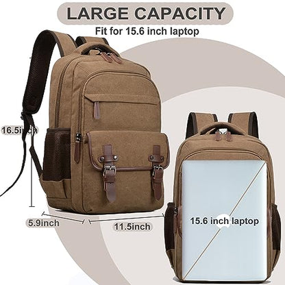 CROCOD Canvas Laptop Backpack, Vintage Daypack for Men Women,Travel Work Rucksack College Bookbag Computer Bag Fits 15.6 Inch Laptop (Coffee)