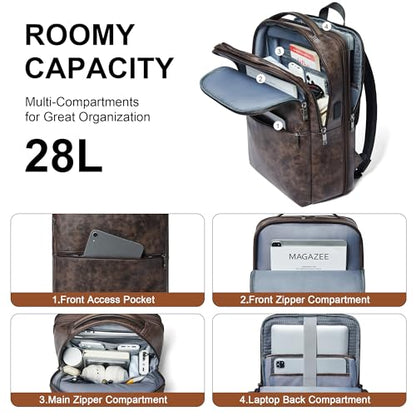 Vegan Leather Laptop Backpack for Women and Men Fits 16 Inch Laptop | Water Resistant,28L Expandable Computer Backpack Purse,USB Charging Port,Travel Work Business College Teacher Nurse - color: Two-toned Coffee