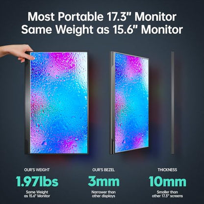 cocopar Portable Monitor 17.3 Inch 1080P FHD 60Hz 100% sRGB Travel Monitor with Speaker HDMI USB-C Second Screen for Laptop MacBook Surface PC Xbox PS4/5, VESA Mountable, with Full Cover Stand - size: 17.3 inch
