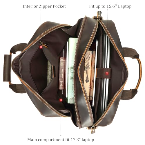 Polare Full Grain Napa Leather 17" Briefcase Work Bag Business Case For Men | Cowhide Leather, Business Travel Laptop Case, Padded Compartment Fits 15.6" Laptop, YKK Zippers - color: Dark Brown (Updated Version)
