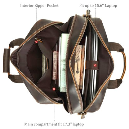 Polare Full Grain Napa Leather 17" Briefcase Work Bag Business Case For Men | Cowhide Leather, Business Travel Laptop Case, Padded Compartment Fits 15.6" Laptop, YKK Zippers - color: Dark Brown (Updated Version)