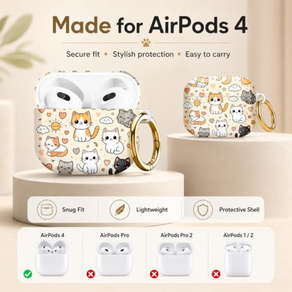 Compatible with AirPod 4 Case 2024, Cute Hard Plastic Protective Cover for Airpod 4th Generation Women, Shockproof Shell Skin with Gold Ring Keychain,Cute Cats Hearts Clouds Sun Moon Stars - color: Cute Cats Hearts Clouds Sun Moon Stars
