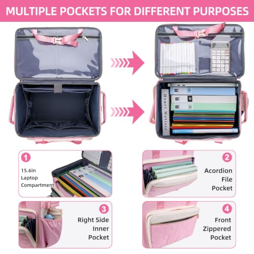 Rolling Teacher Bag, Fits 15.6" Laptop, With Cart,off-white pink | 4 Ways To Carry, 40L Large Cap, 1680 Oxford Puncture Resistant, Reinforced Design, Not Easy Collapse