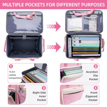 Rolling Teacher Bag, Fits 15.6" Laptop, With Cart,off-white pink | 4 Ways To Carry, 40L Large Cap, 1680 Oxford Puncture Resistant, Reinforced Design, Not Easy Collapse