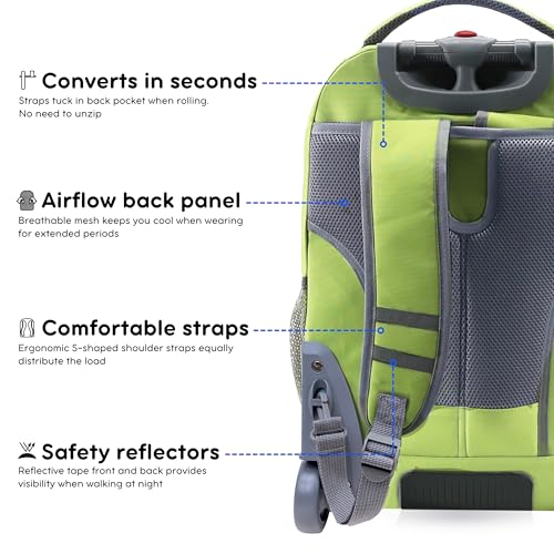 J World Sundance Laptop Rolling Backpack for Girls Boys. Roller Bookbag with Wheels, 20 Inch, Celery - color: Celery