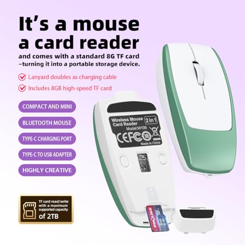 FMOUSE Ultra-Compact 2-in-1 Wireless Bluetooth Mouse & TF Card Reader - Includes 8GB TF Card, 3.07×1.49×0.87in / 30g, USB-C Rechargeable, for MacBook iPad Laptop Chromebook, Travel Business, Green - color: Green / With 8GB TF Card