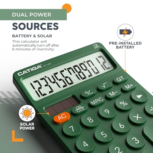 CATIGA 12 Digit Desktop Calculator Basic Desk Calculator with Large LCD Display, Big Buttons, 4 Function, Solar and Battery Dual Power, for Office, School, Home, SD-1292 Green - color: 6) Green