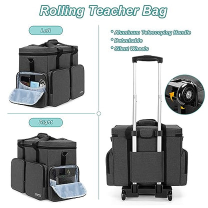 Rolling Teacher Tote Bag with 2 Detachable Pouches for Work, Black | Wheeled Teacher Uility Bag with 15.6" Padded Laptop Sleeve, Large Briefcase with Detachable Trolley for Women - color: Black