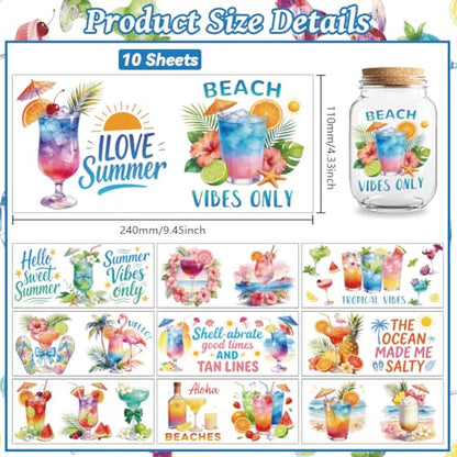 Peacoblue UV DTF Cup Wraps Transfer Stickers Summer Beverages Pattern, 10 Sheets Waterproof Custom Vinyl Transfer Sticker 16oz Coffee Glass Cup Tumbler Bottle Mug Decals for Men Women - style: Summer Beverages