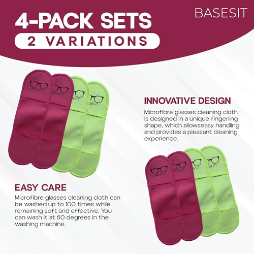 Finger Grip Eyeglass Cleaner (4 Pack) – Premium Microfiber Glasses Cleaning Cloth for Eyeglasses, Sunglasses, Phone Screen & Camera Lens (Rose/Green) - color: Rose/Green