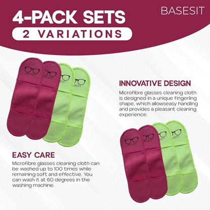 Finger Grip Eyeglass Cleaner (4 Pack) – Premium Microfiber Glasses Cleaning Cloth for Eyeglasses, Sunglasses, Phone Screen & Camera Lens (Rose/Green) - color: Rose/Green