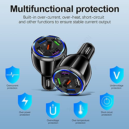 Car Charger Adapter, 5 Port QC3.0 Fast Charging Car Cigarette Lighter USB Charger, Compatible with iPhone, Android, Samsung, iPad Pro, and More (Black)