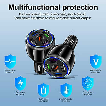 Car Charger Adapter, 5 Port QC3.0 Fast Charging Car Cigarette Lighter USB Charger, Compatible with iPhone, Android, Samsung, iPad Pro, and More (Black)