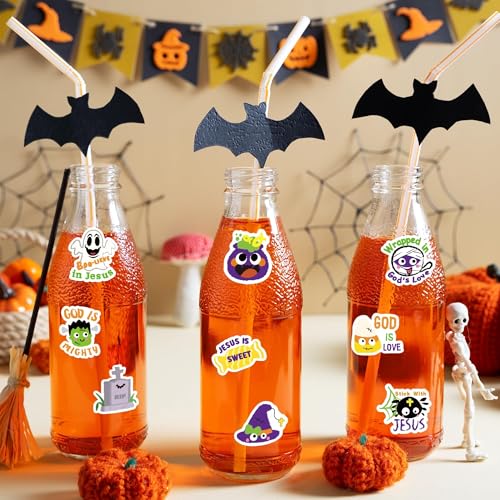 Haooryx Halloween Religious Sticker Rolls - 1000Pcs Christian Religious Stickers Pumpkin Ghost Spider Bible Verse Self Adhesive Waterproof Vinyl Water Bottle Page Activity Pad Party Favor Junk Journal - style: Religious Theme Halloween 2Roll