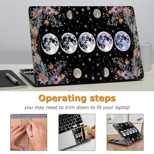 Universal Laptop Skin Sticker with 2 Wrist Pad Decals, 3-Piece Removable Vinyl Laptop Cover, Moon Flowers Waterproof Anti-Scratch, Easy-Trim Fit for 13.3" 14" 15.6" Laptops - color: Moon Flowers