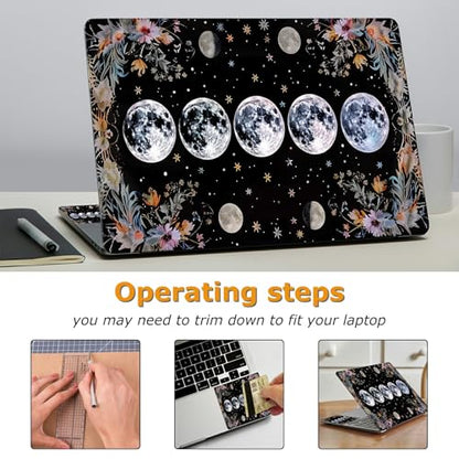 Universal Laptop Skin Sticker with 2 Wrist Pad Decals, 3-Piece Removable Vinyl Laptop Cover, Moon Flowers Waterproof Anti-Scratch, Easy-Trim Fit for 13.3" 14" 15.6" Laptops - color: Moon Flowers