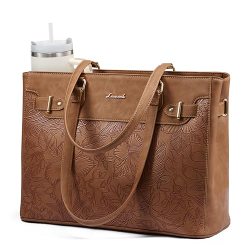 LOVEVOOK Laptop Tote Bag for Women Work, Teacher Tote Bag with Large Cup Holder, Waterproof Leather Computer Bag - color: Brown-print, size: 15.6 inch