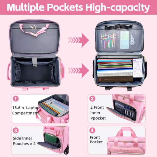 Rolling Teacher Bag with Detachable Cart - 1680D Waterproof Oxford Rolling Cart for Teachers, Large Capacity Tote with Wheels Fits 15.6" Laptop & Tablet(PINK) - color: pink