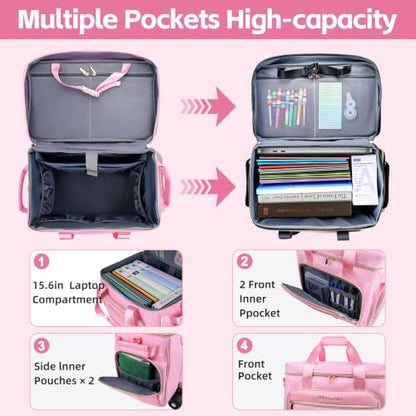 Rolling Teacher Bag with Detachable Cart - 1680D Waterproof Oxford Rolling Cart for Teachers, Large Capacity Tote with Wheels Fits 15.6" Laptop & Tablet(PINK) - color: pink
