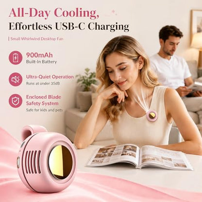 Portable Clip-On Fan, Mini Bladeless Waist Fan, 5100RPM 25dB Ultra-Quiet 3-Speed Rechargeable Small Whirlwind Fan, Hands-Free Personal Cooling for Outdoor Travel Office Camping with USB-C - color: Pink