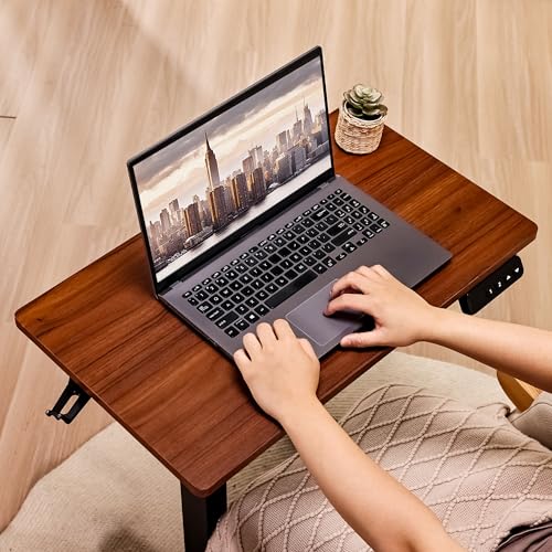 Electric Overbed Table with Wheels, Height Adjustable Bedside Sofa Couch Side Tables, C Shaped Mobile Standing Small Laptop Desk for Home Office, Dark Walnut - color: Dark Walnut