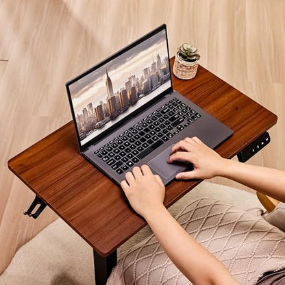Electric Overbed Table with Wheels, Height Adjustable Bedside Sofa Couch Side Tables, C Shaped Mobile Standing Small Laptop Desk for Home Office, Dark Walnut - color: Dark Walnut
