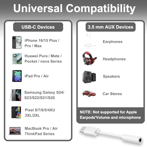 QAJOPFN 2 Pack USB C to 3.5mm Headphone Jack Adapter, Hi-Fi DAC Audio Converter with Microphone, Compatible with iPhone 15/Pro, Samsung Galaxy, iPad Pro, MacBook, Pixel, Black & White