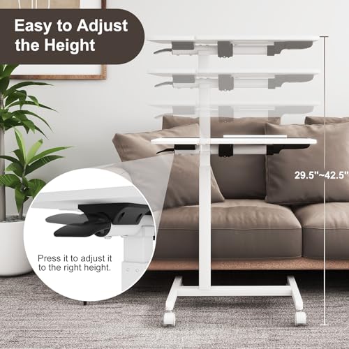 PUNCIA 28" Overbed Table with Split Tilting Desktop,Pneumatic C Table,White | Mobile Laptop Desk for Bedside, Height Adjustable End Table with Wheels, Computer Cart for Home Sofa Office & Hospital Use - color: White