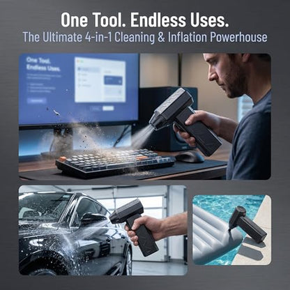 Mini Air Blower 4-in-1 130K RPM Turbo Fan - Cordless Duster PC | 120g thrust, 3-speed, 4 nozzles, USB-C, ultra quiet. 4-pc kit + waterproof bag. For PC, keyboard, car, camping.