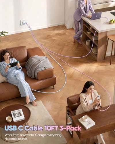 10FT USB C to USB C Cable 3Pack-Soft Silicone in Pink Purple Blue | 10 FT USB C Fast Charging Cable Long, Color-Coded for iPhone 17/16/15, iPad, Sam-Sung,Pixel,MacBook Neo Pro Air - size: 10FT
