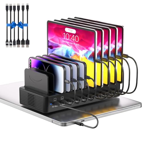 580W Charging Station for Multiple Devices, 10-Port USB C Fast Charger Station, Dual PD 100W Charging Dock with Adjustable Dividers & 6 Cables-Device Organizer for Laptop MacBook, iPhone, iPad - color: Black
