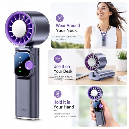 Portable Handheld Fan with Ice Cooling, Personal Rechargeable Fan 20000RPM,199-Speed Mini Neck Fan with 4000mAh Battery Powered up to 15hrs with LED Display for Travel, Camping & Outdoor, Purple - color: Gray-Purple