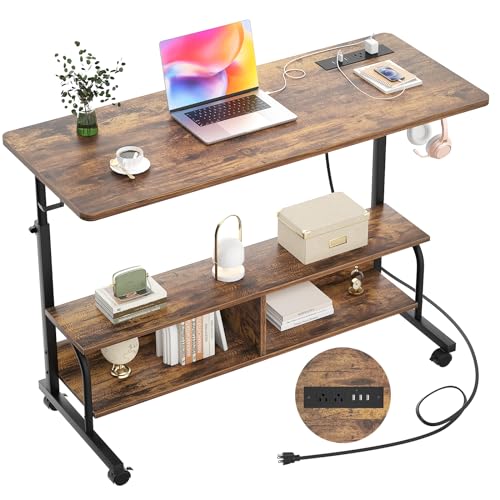 47" Rolling Standing Desk with Charging Station for Couch Bed | Height Adjust 27.5-41", 2 AC/3 USB, Mobile 4 Lockable Wheels, 2-tier Shelves Hook, Safe Corner Fast Assembly - color: Rustic Brown, size: 47''