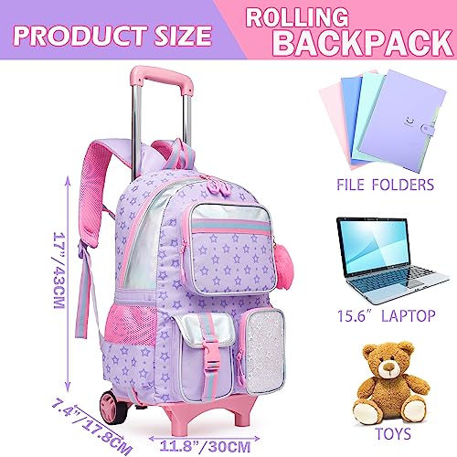 Meetbelify Backpack with Wheels for Girls Rolling Backpack Cute Carry on Backpack for Elementary Student - color: Purple