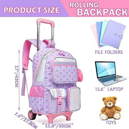 Meetbelify Backpack with Wheels for Girls Rolling Backpack Cute Carry on Backpack for Elementary Student - color: Purple